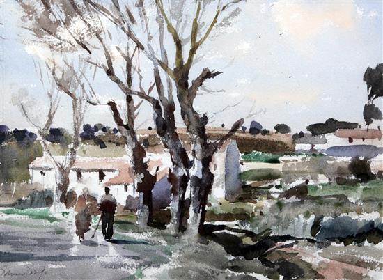 § Edward Seago (1910-1974) Figures walking in a landscape 10.5 x 14.75in.